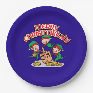 Merry Chrismukkkah mit Elves und Dreidels Pappteller