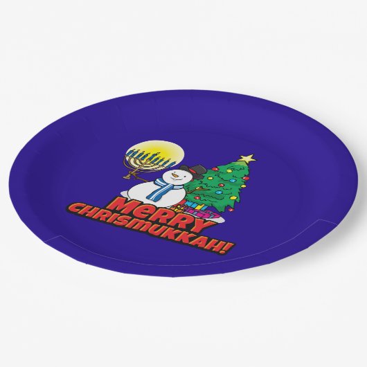 Merry Chrismukkkah mit Snowman und Menorah Pappteller (Schrägansicht)