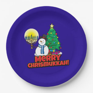 Merry Chrismukkkah mit Snowman und Menorah Pappteller