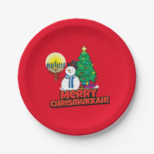 Merry Chrismukkkah mit Snowman und Menorah Pappteller