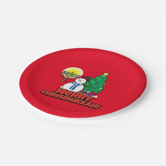 Merry Chrismukkkah mit Snowman und Menorah Pappteller (Schrägansicht)