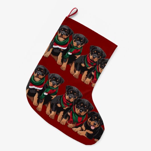 Merry Chrismutts Rottweiler Welpen tragen Scarf Großer Weihnachtsstrumpf (Vorderansicht (hängend))