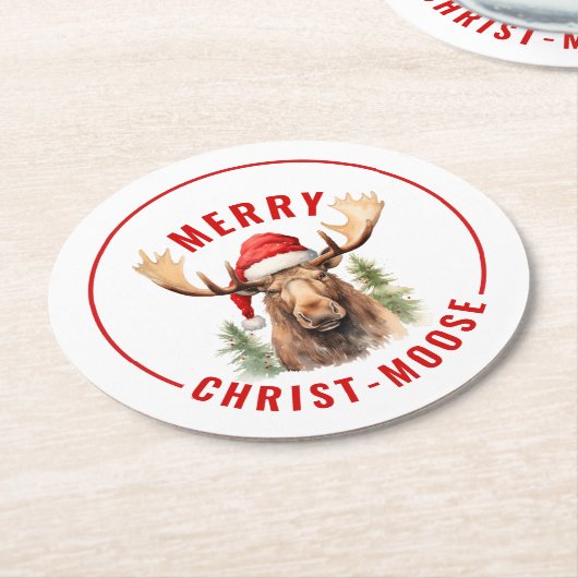 Merry Christ-moose Funny Christmas Moose Runder Pappuntersetzer (Angewinkelt)