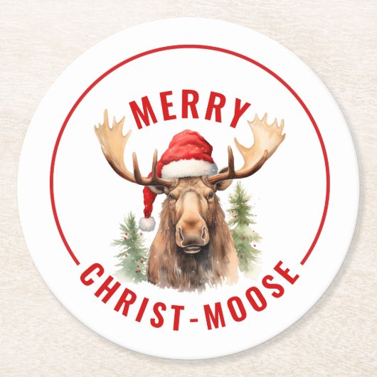 Merry Christ-moose Funny Christmas Moose Runder Pappuntersetzer (Vorderseite)