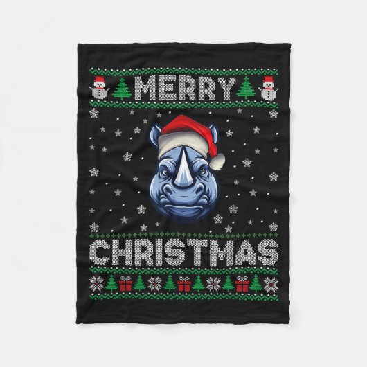 Merry Christmas 2025 Rhino Santa Hat Ugly Xmas  Fleecedecke (Vorderseite)