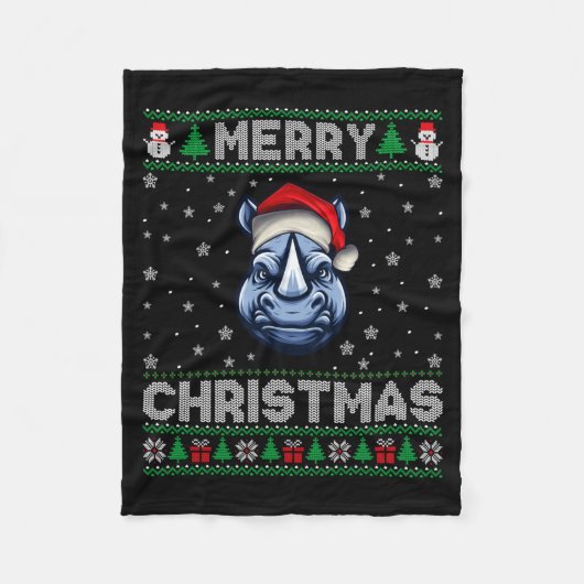 Merry Christmas 2025 Rhino Santa Hat Ugly Xmas Lon Fleecedecke (Vorderseite)