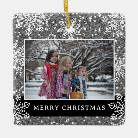 Merry Christmas 2 Photo Silver Glitter Snowflakes Keramikornament (Vorderseite)
