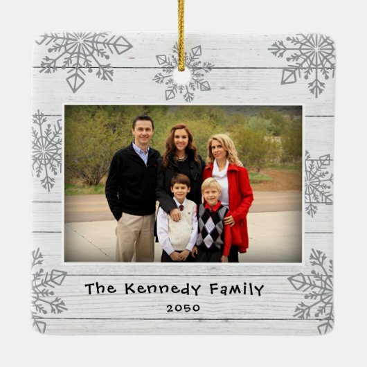 Merry Christmas 2 Photo Wood Silver Snowflakes Keramikornament (Rückseite)