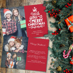 Merry Christmas 3 photos red family Holiday Card Feiertagskarte<br><div class="desc">Modern holiday greeting card, customizable with one of your favorite family Christmas portraits on the front, beside a lovely white lettering caption that reads "we wish you a merry Christmas" over a plain red background. On the reverse of the card, you can upload two more photos and your personal greeting...</div>