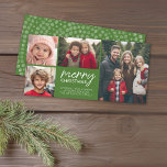 Merry Christmas 4 photo collage - can edit green Feiertagskarte<br><div class="desc">A modern calligraphy font is used to make this family friendly design. PHOTO CARD TIP: Insert all of your information, and if it is still not quite how you want it: CLICK ON THE LINK THAT SAYS: CUSTOMIZE IT ---- to resize the photos and make them exactly how you would...</div>