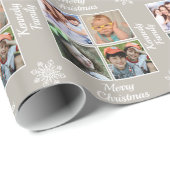 Merry Christmas 4 Photo Collage Family Name Taupe Geschenkpapier (Rolleneckpunkt)