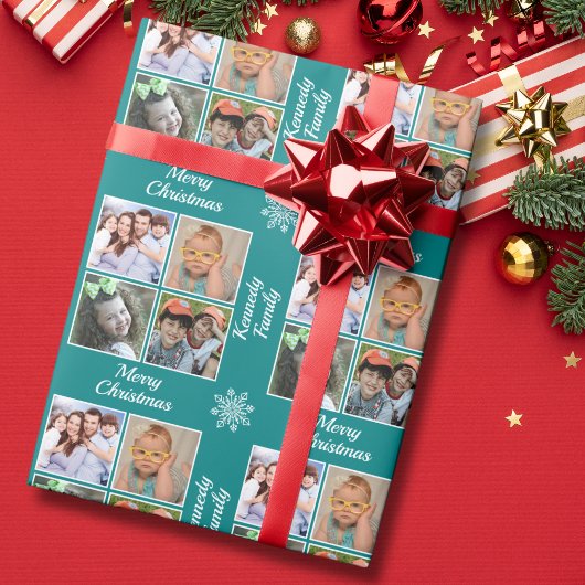 Merry Christmas 4 Photo Collage Family Name Teal Geschenkpapier