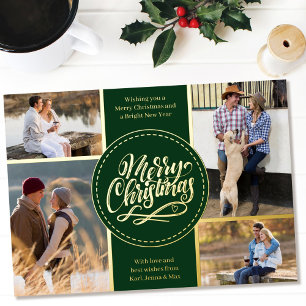 Merry Christmas 4 Photo Collage Green and Gold Folien Feiertagskarte