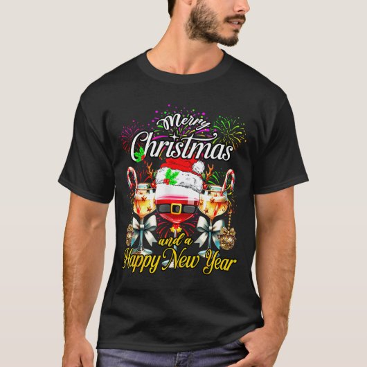 Merry Christmas And A Happy New Year Firework Wine T-Shirt (Vorderseite)