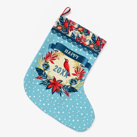 Merry Christmas and Happy New Year! 20XX Red Bird Großer Weihnachtsstrumpf (Vorderansicht (hängend))