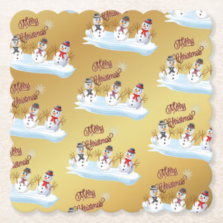 Merry Christmas and snowmen on faux gold Untersetzer