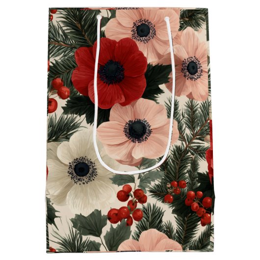 Merry Christmas Anemone Floral Background holiday Mittlere Geschenktüte (Rückseite)