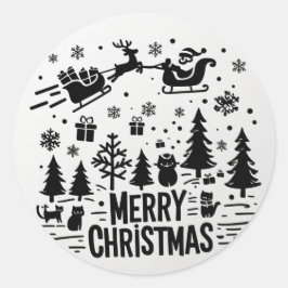 MERRY CHRISTMAS b&w clip art Runder Aufkleber