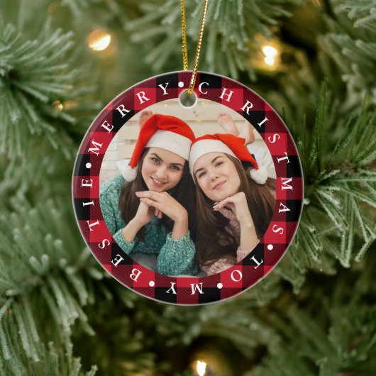 Merry Christmas Bestie Buffalo Plaid Photo Keramik Ornament (Baum)