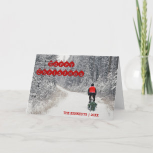 Merry Christmas - Biker Bringing Home the Tree Feiertagskarte
