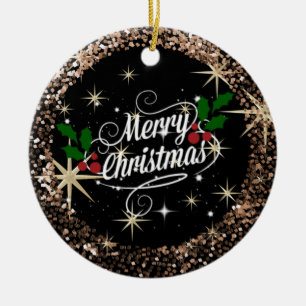 Merry Christmas Black and Gold Sparkly Glitter Keramik Ornament