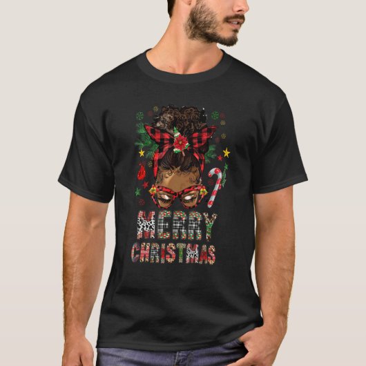 Merry Christmas Black Girl Messy Bun Leopard Plaid T-Shirt (Vorderseite)
