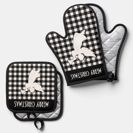 Merry Christmas Black & White Buffalo Plaid Angel Ofenhandschuh & Topflappen-Set (Vorderseite/Rückseite)