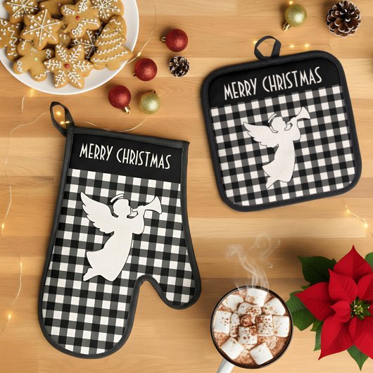 Merry Christmas Black & White Buffalo Plaid Angel Ofenhandschuh & Topflappen-Set