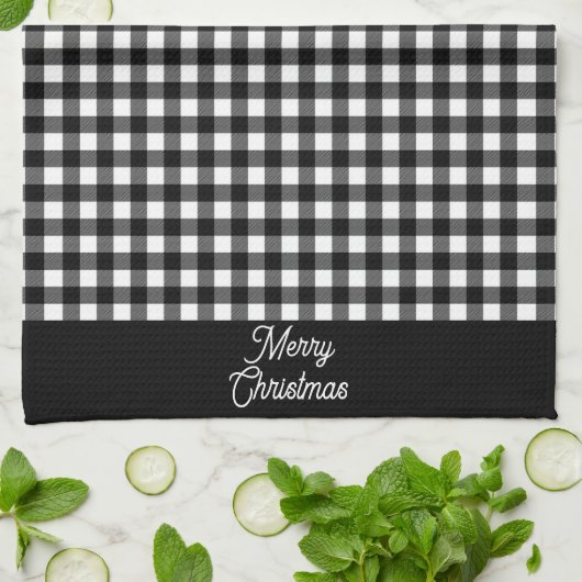 Merry Christmas Black & White Buffalo Plaid Geschirrtuch (Gefaltet)