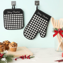 Merry Christmas Black & White Buffalo Plaid Ofenhandschuh & Topflappen-Set