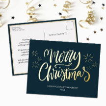 Merry Christmas Blue Gold Calligraphy Business