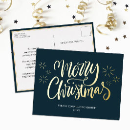 Merry Christmas Blue Gold Calligraphy Business Folien Feiertagspostkarte