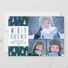 MERRY CHRISTMAS Blue Green Trees 3 Fotos Feiertagskarte