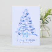 Merry Christmas Blue Ribbon Tree Foto Feiertagskarte (Stehend Vorderseite)