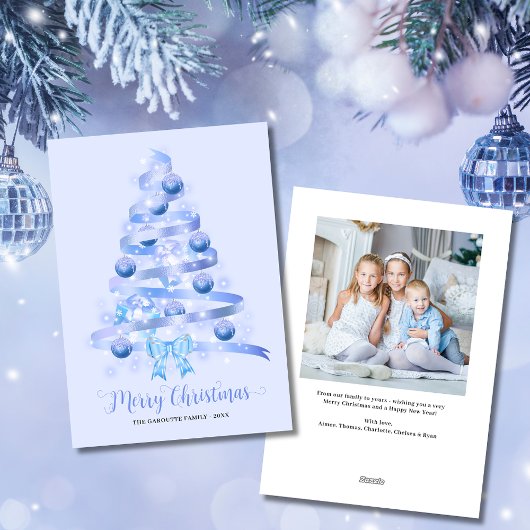 Merry Christmas Blue Ribbon Tree Foto Feiertagskarte
