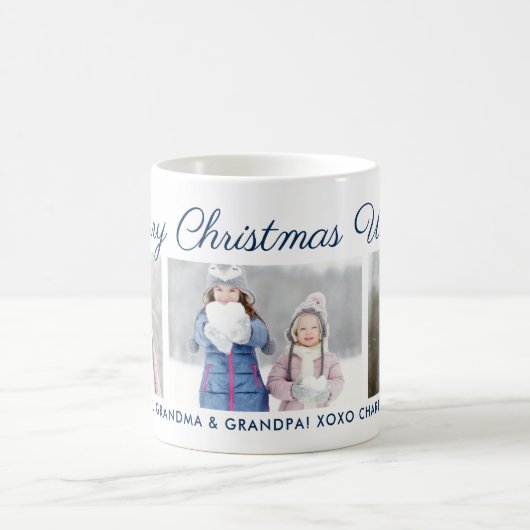 Merry Christmas Blue Script Custom Foto Collage Kaffeetasse (Mittel)