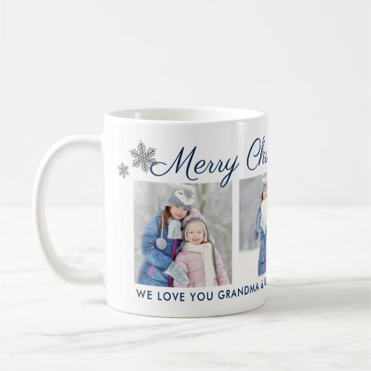 Merry Christmas Blue Script Custom Foto Collage Kaffeetasse (Links)