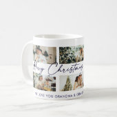 Merry Christmas Blue Script Custom Foto Collage Kaffeetasse (Vorderseite Links)