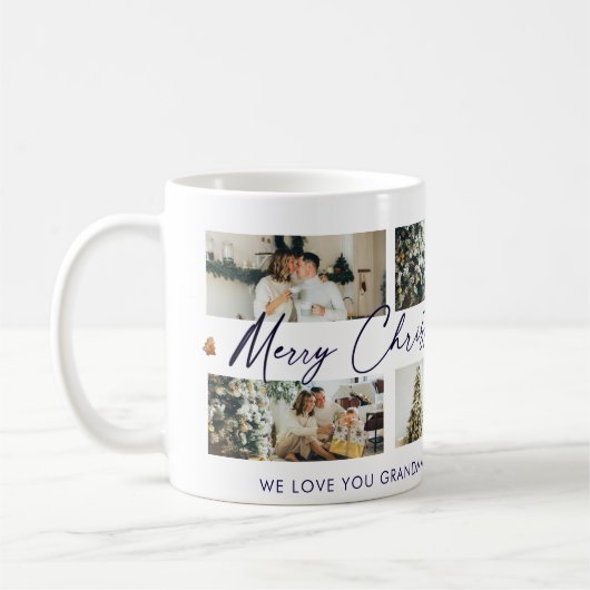 Merry Christmas Blue Script Custom Foto Collage Kaffeetasse (Links)