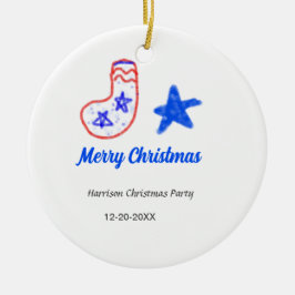 Merry Christmas blue star red stockings name date  Keramik Ornament