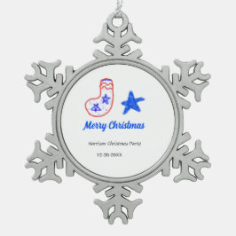 Merry Christmas blue star red stockings name date  Schneeflocken Zinn-Ornament