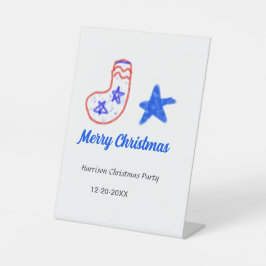 Merry Christmas blue star red stockings name date  Sockelschild