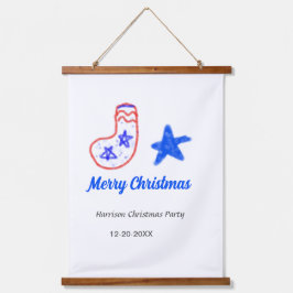 Merry Christmas blue star red stockings name date  Wandteppich Mit Holzrahmen