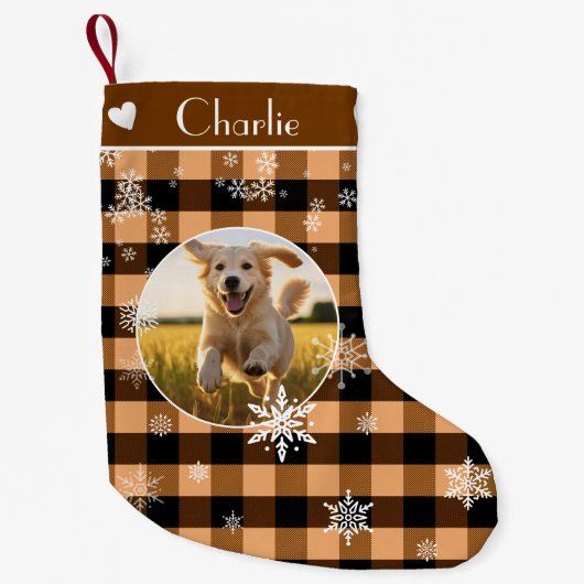 Merry Christmas Brown Plaid Muster Custom Foto Kleiner Weihnachtsstrumpf (Vorderseite)