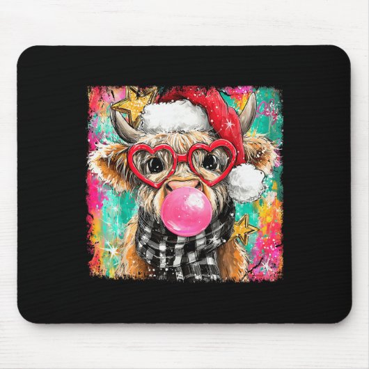Merry Christmas Bubble Gum Xmas Highland Cow Heife Mousepad (Vorne)