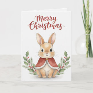 Merry Christmas Bunny Card Cute Rabbit in Red Cape Karte