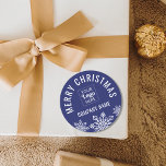 Merry Christmas Business Logo Company Name Blue Runder Aufkleber<br><div class="desc">Blau und weiß Weihnachtsaufkleber personalisiert mit Firmenname und Firmenlogo für berufliches Branding.</div>