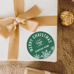 Merry Christmas Business Logo Company Name Green Runder Aufkleber<br><div class="desc">Grün und weiß Weihnachtsaufkleber personalisiert mit Firmenname und Firmenlogo für berufliches Branding .</div>