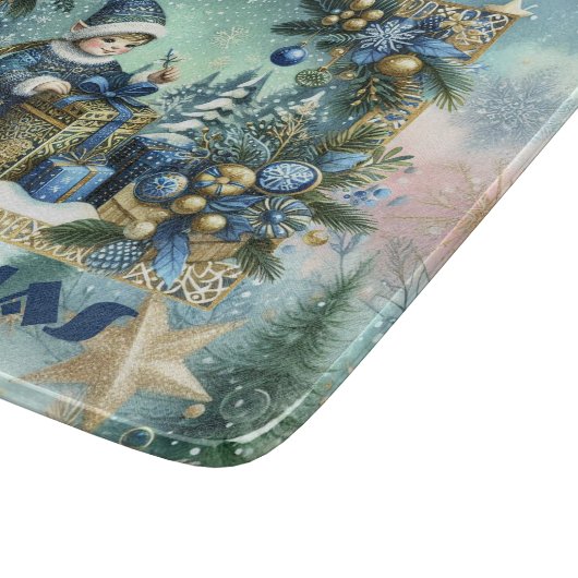 Merry Christmas Calligraphy Blue Elf Golden Decor Schneidebrett (Ecke)