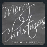Merry Christmas Calligraphy Chalkboard Custom Quadratischer Aufkleber<br><div class="desc">Ein festlicher Frohe Weihnachtsaufkleber mit einem Kalligraphie-Script-Schriftart-Set auf schwarzem Chalkboard-Hintergrund. Der perfekte Aufkleber für Ihre Urlaubspakete und -geschenke. Fügen Sie Ihren Namen zu anpassen.</div>
